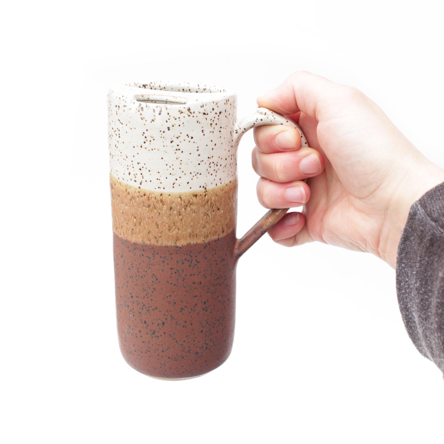 Ceramic Travel Mug with Handle Tall Skinny Speckled Stoneware