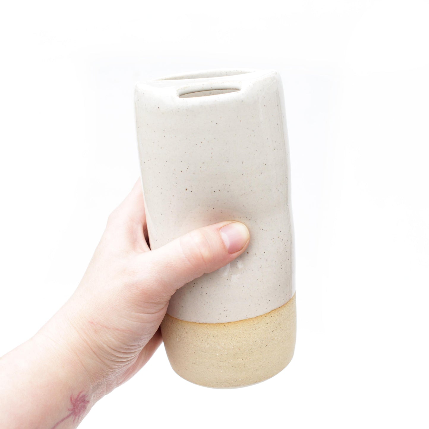 Nude Buff Skinny Speckled Stoneware Travel Mug with Handle or Thumb Tumbler