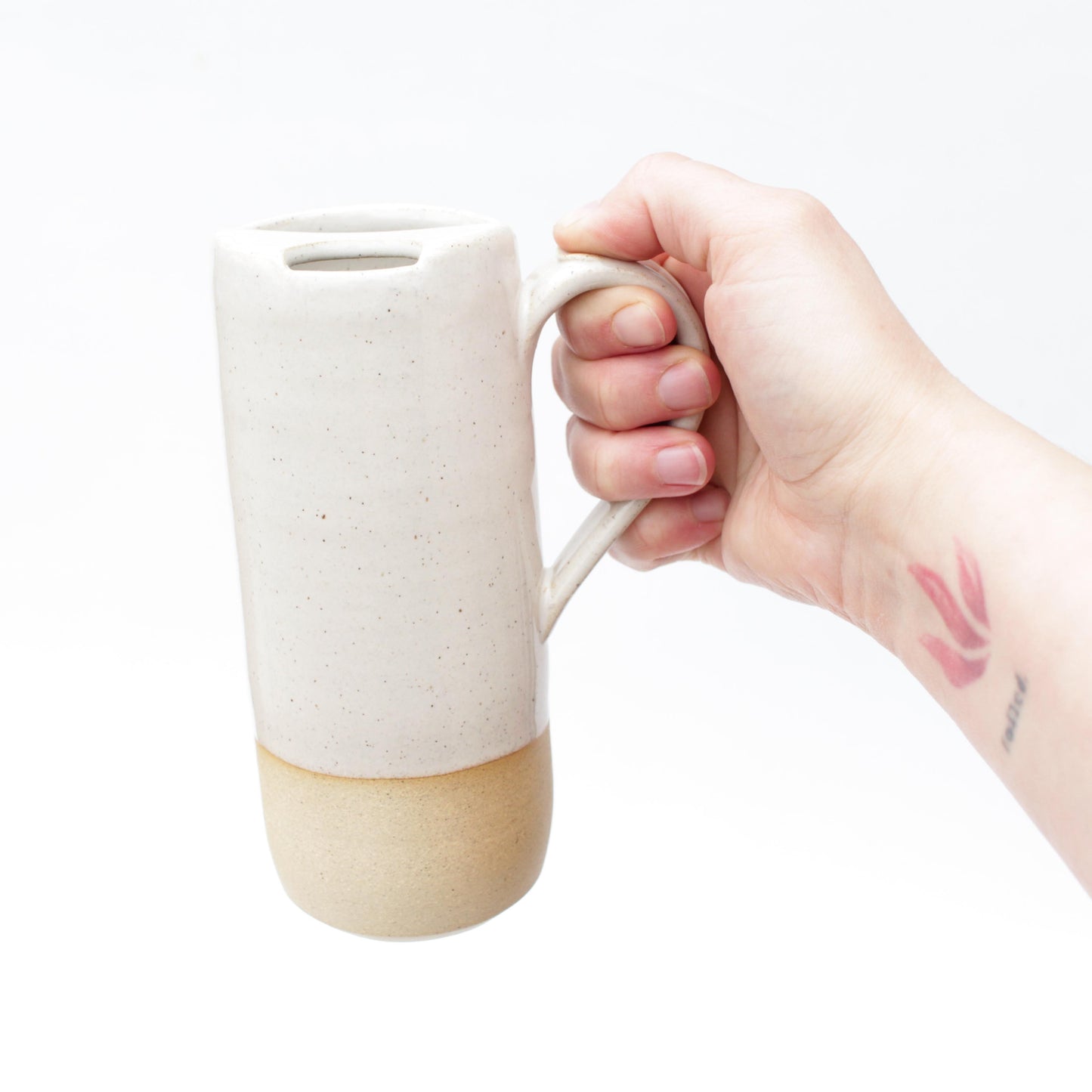 Nude Buff Skinny Speckled Stoneware Travel Mug with Handle or Thumb Tumbler