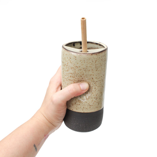 Oatmeal Black Stoneware Cold Cup with Bamboo Straw