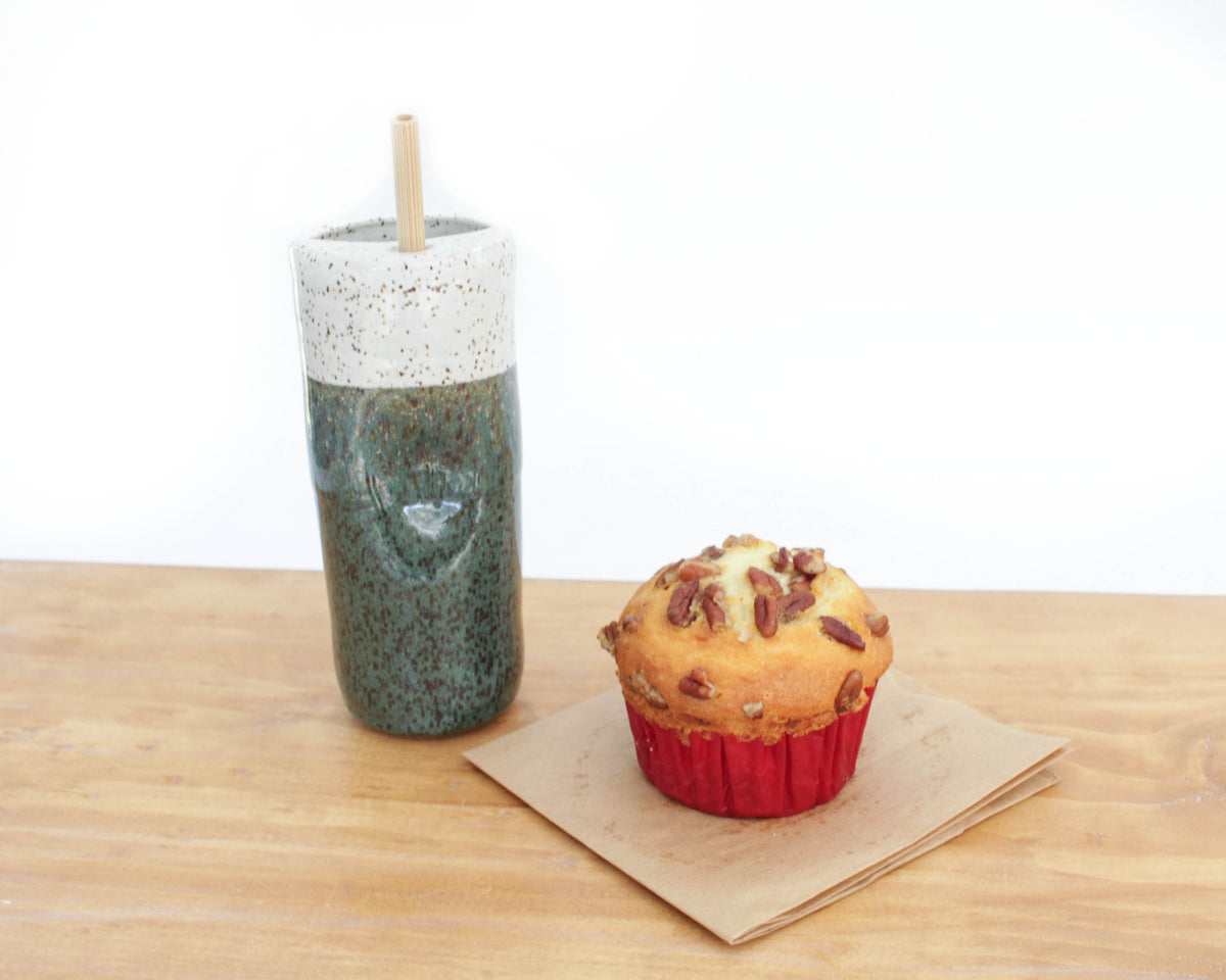 Skinny Speckled Stoneware Cold Cup with Bamboo Straw