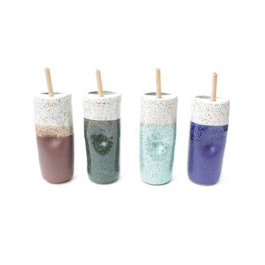 Skinny Speckled Stoneware Cold Cup with Bamboo Straw