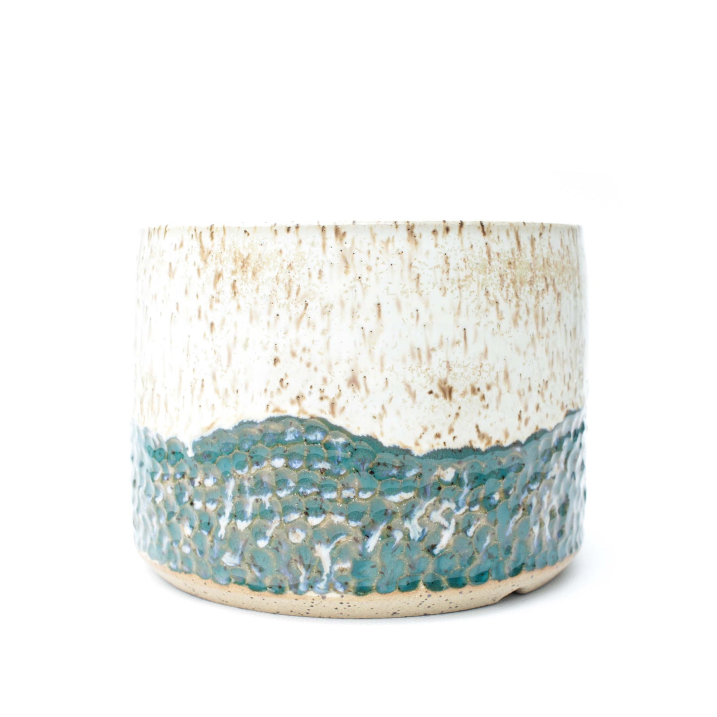 5.5" White & Teal Speckled Stoneware Planter Pot