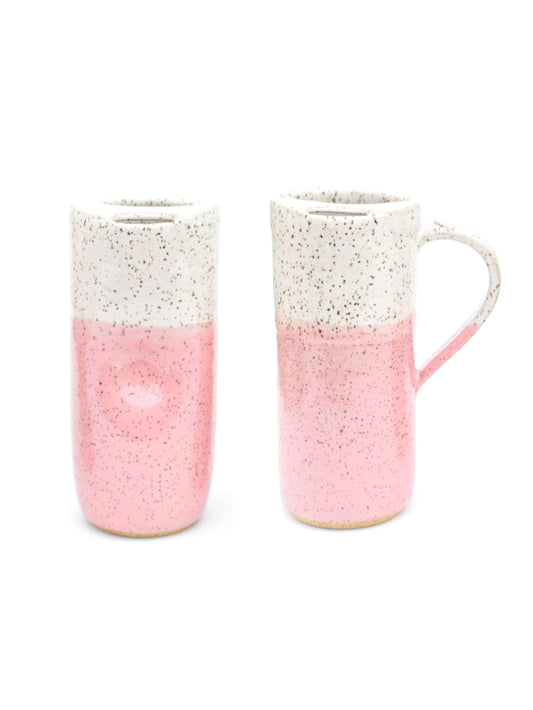 Bubblegum Pink Skinny Speckled Stoneware Travel Mug with Handle or Thumb Tumbler