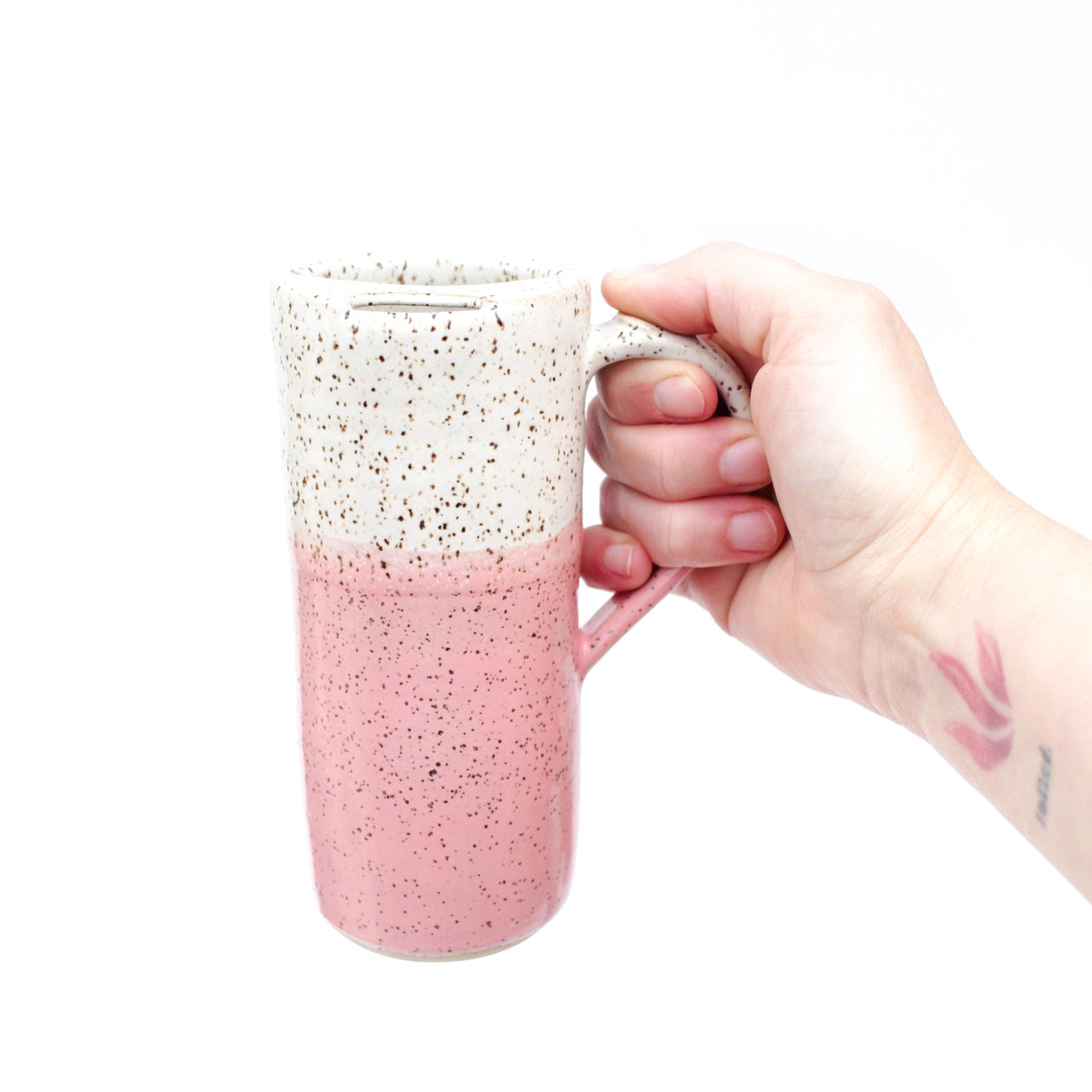Bubblegum Pink Skinny Speckled Stoneware Travel Mug with Handle or Thumb Tumbler