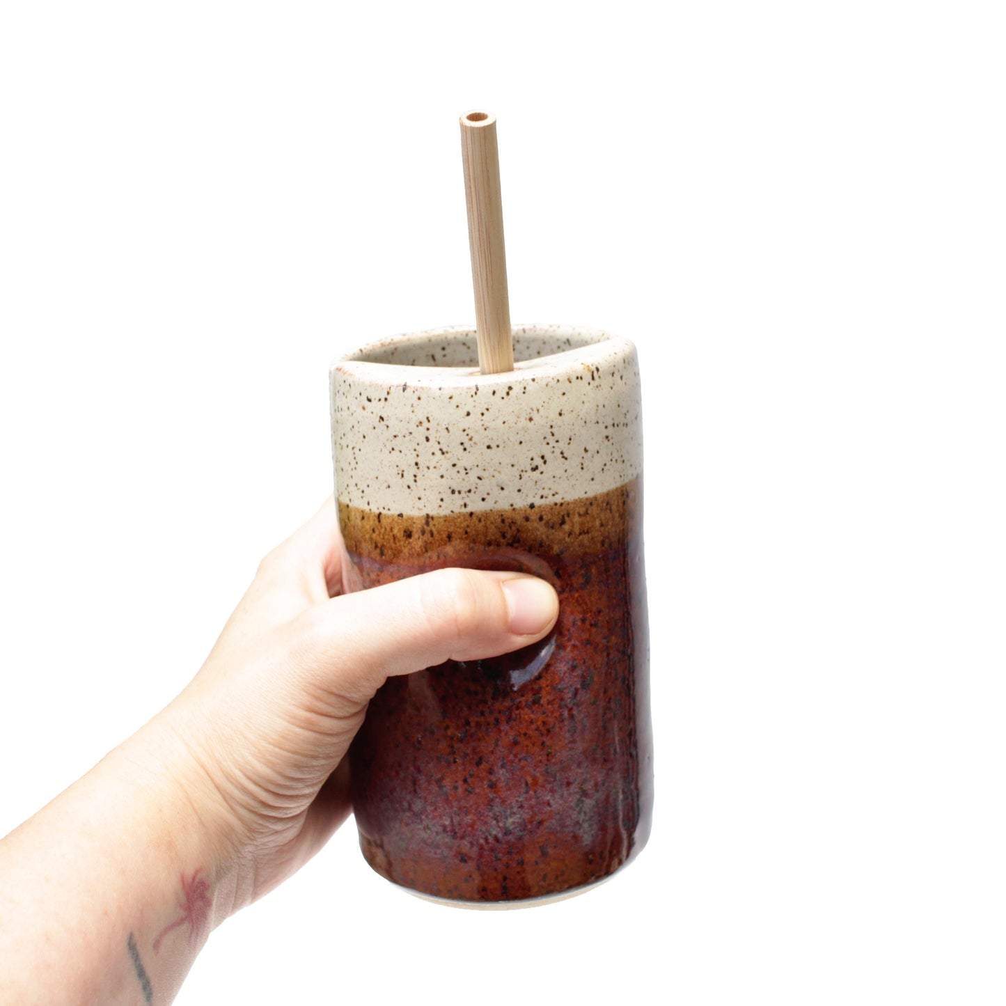 Skinny Speckled Stoneware Cold Cup with Bamboo Straw