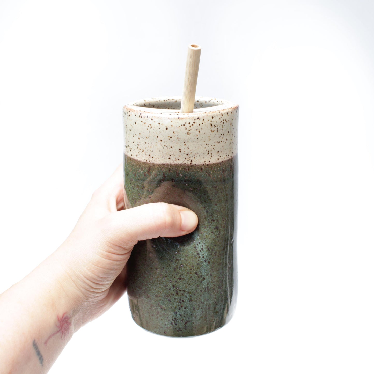 Skinny Speckled Stoneware Cold Cup with Bamboo Straw