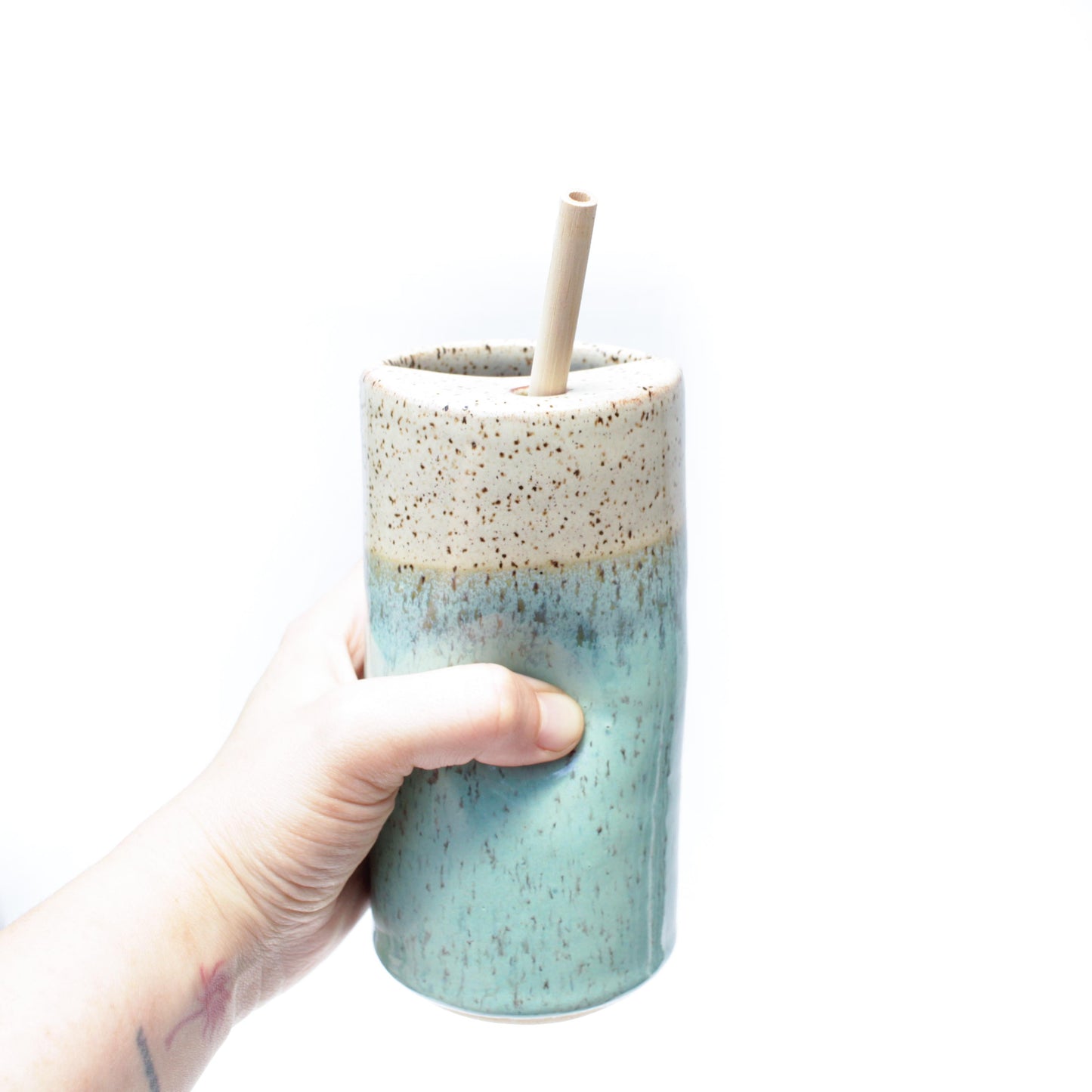 Skinny Speckled Stoneware Cold Cup with Bamboo Straw