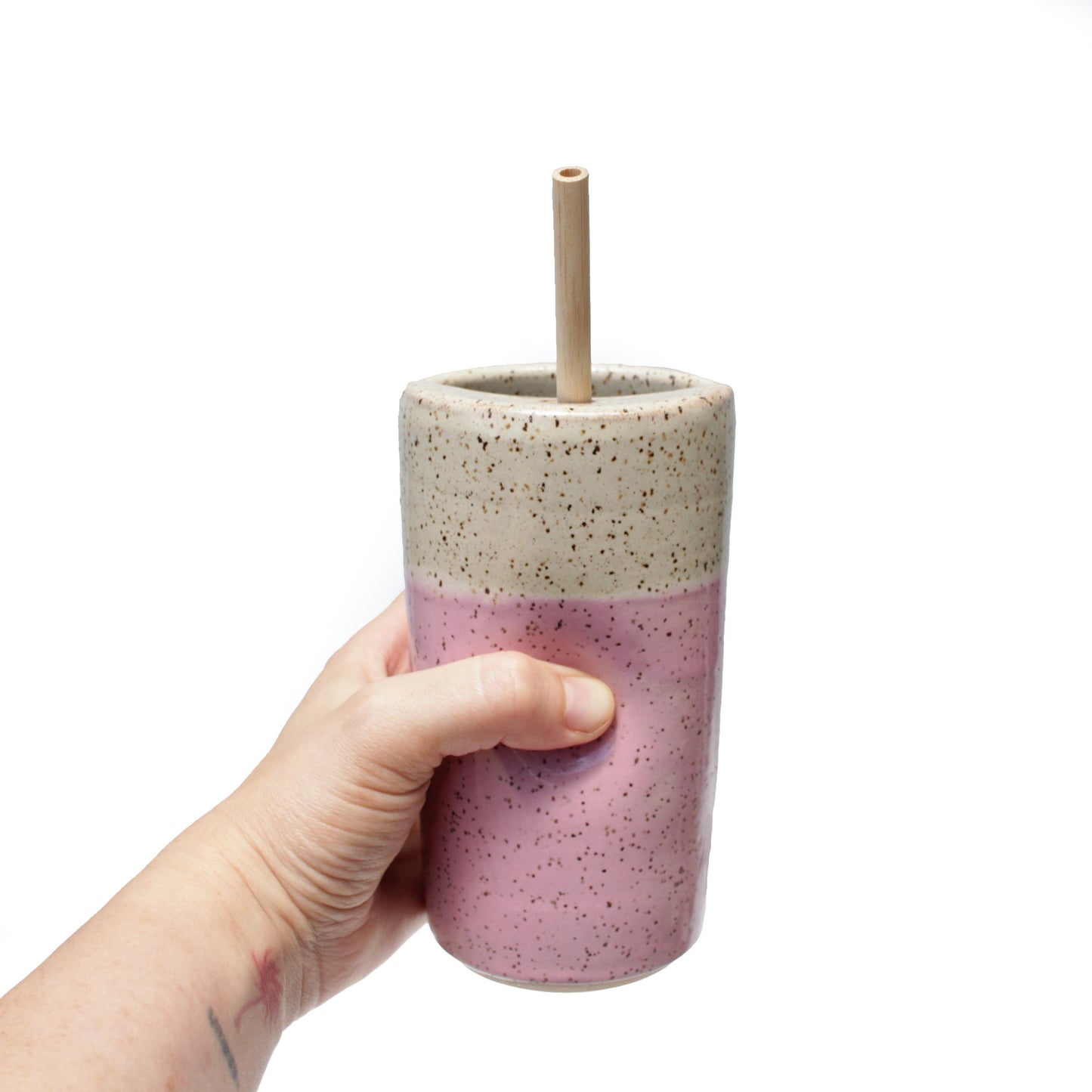 Skinny Speckled Stoneware Cold Cup with Bamboo Straw