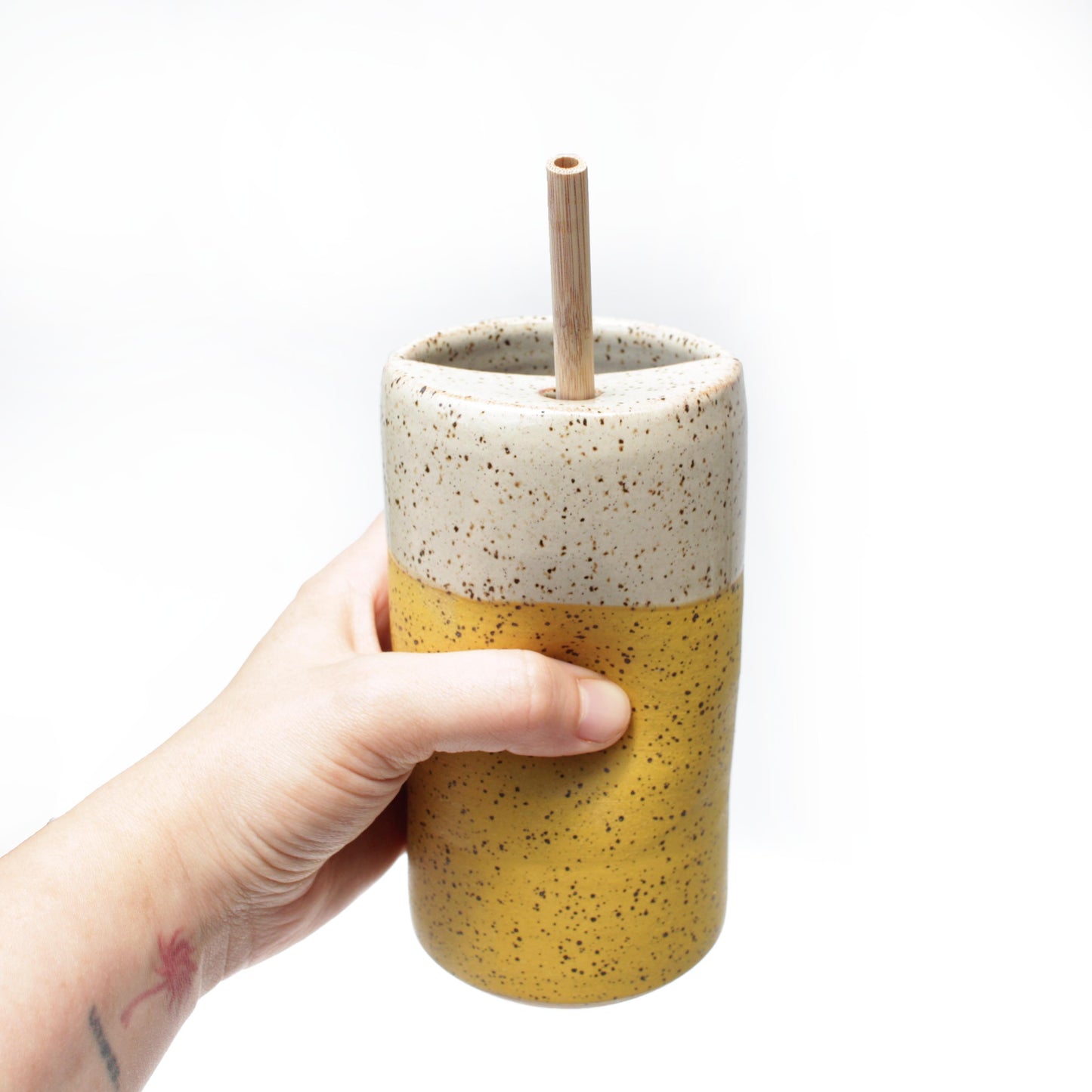 Skinny Speckled Stoneware Cold Cup with Bamboo Straw