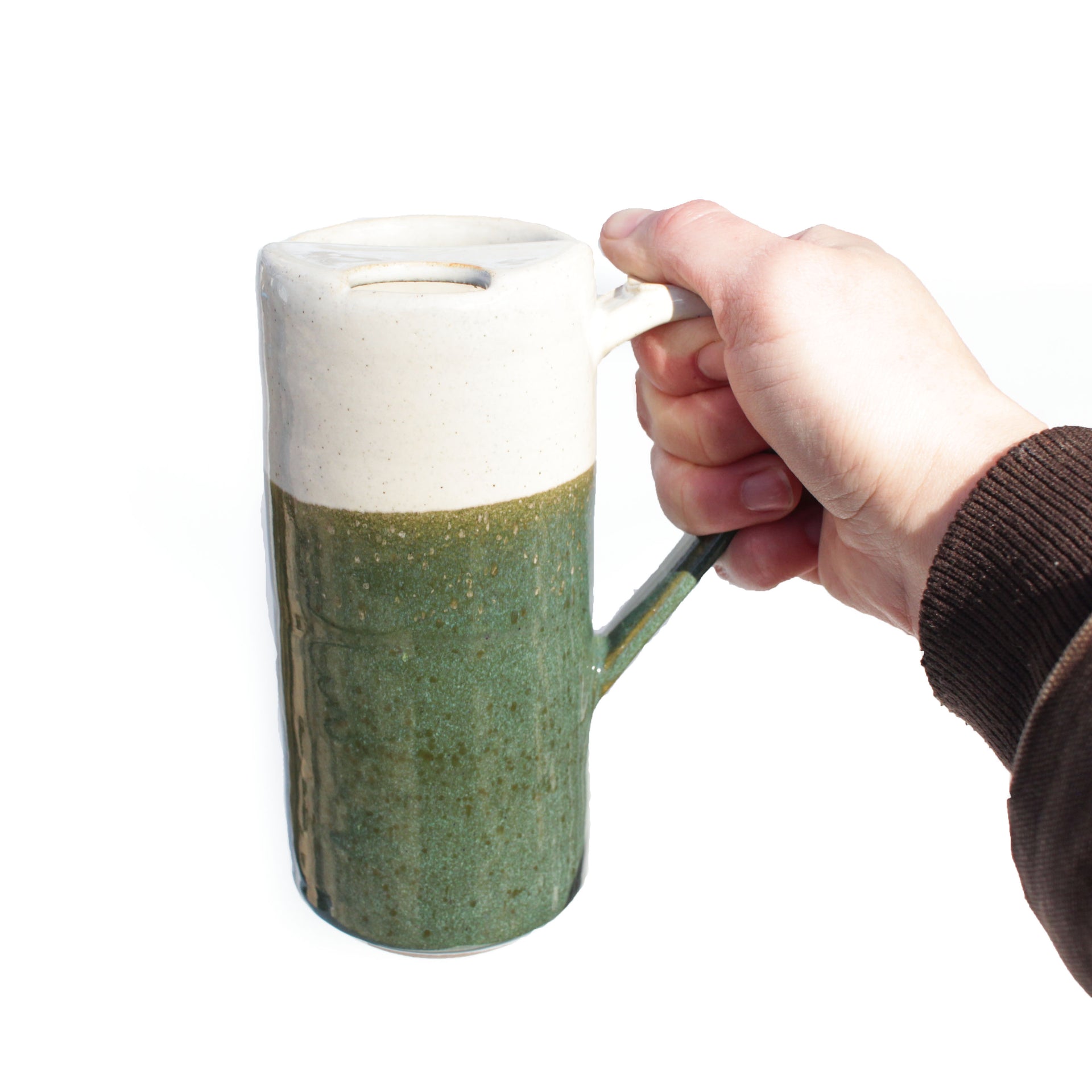 Ceramic Travel Mug with Handle Tall Skinny White Stoneware - forest green /  12oz